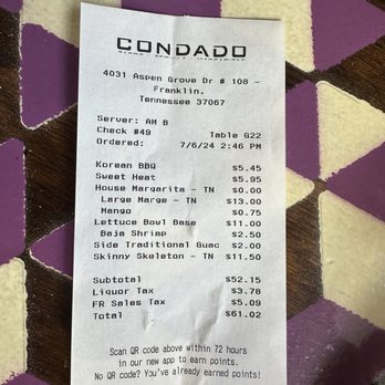 Condado Tacos - Receipt for reference - Tacos Near Me - Franklin, Tennessee Condado Tacos - Receipt for reference - Tacos Near Me - Franklin, Tennessee