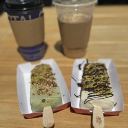 Pop Pops Fabulous Paleta - Matcha with almonds and pistachios, Banatella  ( banana Nutella) with chocolate sauce. Yum!