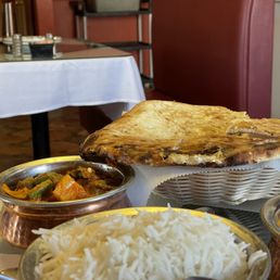 Badami Naan, Bhindi Masala (left), Aloo Mutter (right)