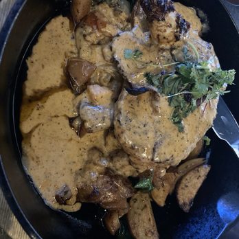 Ferah Tex-Med Kitchen - Garland - Cast iron roasted chicken. Way too much sauce. The chicken is drowning. Ugh. - Mediterranean Near Me - Garland, Texas