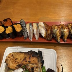 Uni, salmon roe, unagi, mackerel, and baked collar