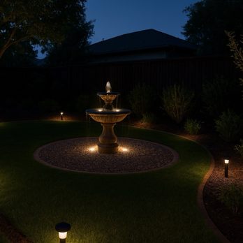 Lawn By Twins - The turf with the fountain in the middle and gravel around the fountain with the led lights. - Tree Services Near Me Lawn By Twins - The turf with the fountain in the middle and gravel around the fountain with the led lights. - Tree Services Near Me