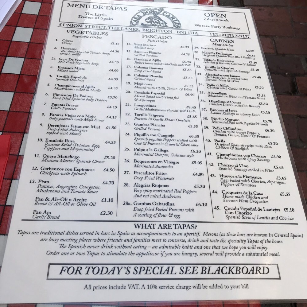 Casa Don Carlos - Tapas menu - Spanish Near Me - Brighton, BNH