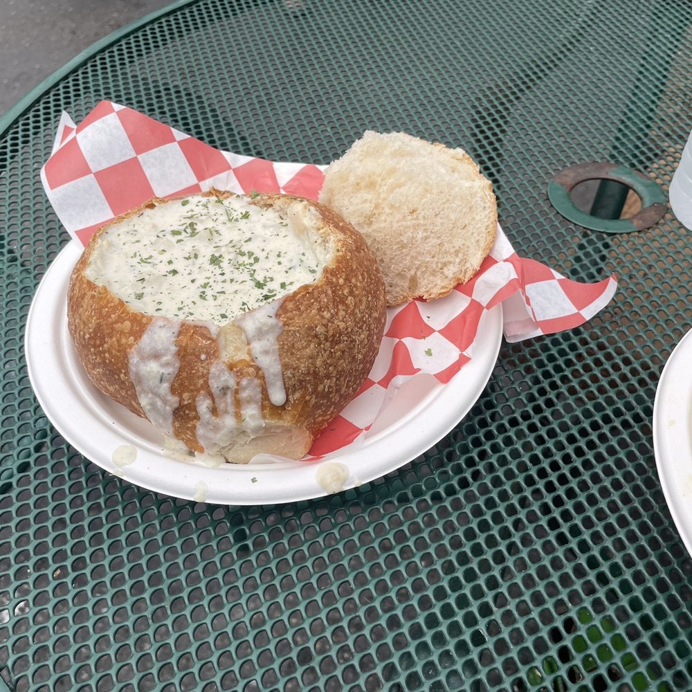 Dingey's Puget Sound Cuisine - Clam chowder in bread bowl. - Seafood Near Me - Olympia, Washington Dingey's Puget Sound Cuisine - Clam chowder in bread bowl. - Seafood Near Me - Olympia, Washington