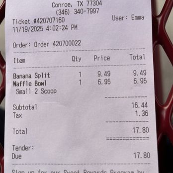 Bruster's Real Ice Cream - Receipt for a banana split and a 2-scoop waffle bowl. An app is available for rewards. - Desserts Near Me - Conroe, Texas Bruster's Real Ice Cream - Receipt for a banana split and a 2-scoop waffle bowl. An app is available for rewards. - Desserts Near Me - Conroe, Texas