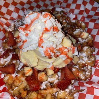 The Funnelspot - a waffle with whipped cream and strawberries - Desserts Near Me The Funnelspot - a waffle with whipped cream and strawberries - Desserts Near Me
