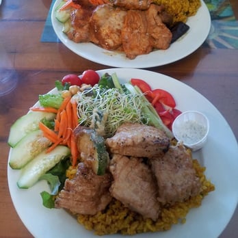 Puka Puka Kitchen - Ahi Don plate & Bbq Chicken plate with garlic rice and green salad lunch 1-10-14. - Asian Fusion Near Me - Hilo, Hawaii
