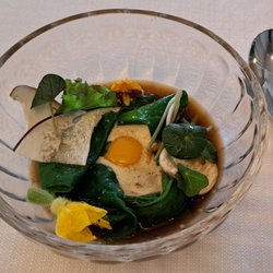 Olo - Forest mushrooms with matsutake tee, quail yolk and spinach. 2022 09 10. M1.