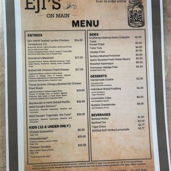 Eji’s on Main - Back of the menu - Cafes Near Me - Waller, Texas