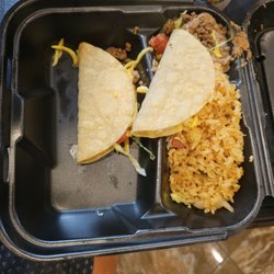 Tejano Grill - Hard ground beef tacos w/beans & rice, take-out,