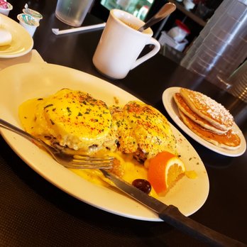 The Pancakery - Crabcakes eggs Benedict with sand dollar pancakes - Breakfast & Brunch Near Me - Destin, Florida
