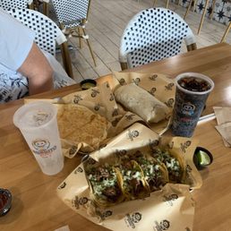 Cheese Quesadilla, Dat Burrito with asado, and Tacos Clasicos