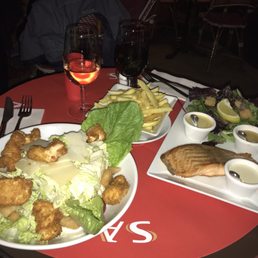 Chicken Cesar salad!! Salmon with side salad!!! And of course French fries on the side!!