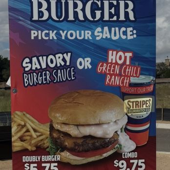 Stripes Burrito - Burger deal - A colorful outdoor sign advertising Doubly Burger with options for savory or hot green chili ranch sauces, including prices and images of a burger, fries, and a drink. - Breakfast & Brunch Near Me - Albuquerque, New Mexico