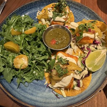 Eureka! - Al Pastor Fish Tacos with salad - American Near Me - Clovis, California