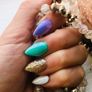 Shadow Nails - Short Stiletto nails with shellac. The colors I used purple, aqua, gold and white. He used a chrome powder for that extra shiny look. - Nail Salons Near Me - Seattle, Washington