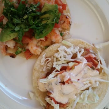 Los Lagos Mariscos Restaurant - On the left, Taco Gobernador de Camarón and on the right, Fish Taco Ensenada Style - Mexican Near Me - Los Angeles, California