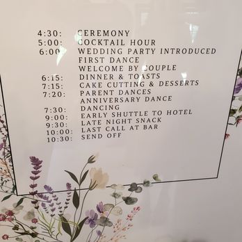 Lavender Oaks Farm - Wedding schedule posted in the lobby for everyone to plan your evening. - Farms Near Me - Chapel Hill, North Carolina Lavender Oaks Farm - Wedding schedule posted in the lobby for everyone to plan your evening. - Farms Near Me - Chapel Hill, North Carolina