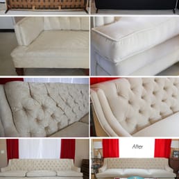 Before and after reupholstering a 60-year old sofa.