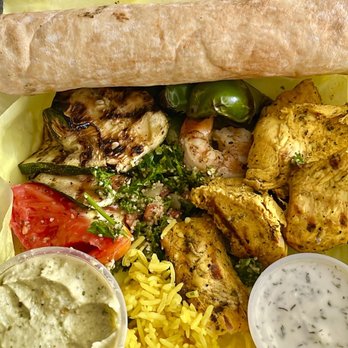 Saba's Mediterranean Kitchen - chicken & shrimp kebab with grilled veggies & pesto humus yellow rice pita Tabouli salad and Tzatziki Sauce - Middle Eastern Near Me - Phoenix, Arizona Saba's Mediterranean Kitchen - chicken & shrimp kebab with grilled veggies & pesto humus yellow rice pita Tabouli salad and Tzatziki Sauce - Middle Eastern Near Me - Phoenix, Arizona