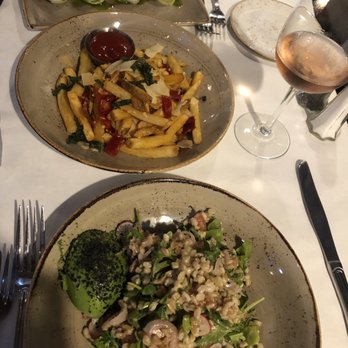 Cascade - Faro salad, green devil eggs, fries and rosé wine - American Near Me - Pescadero, California