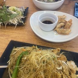 Beef Pho, Fried Vegetables Dumplings, and Singapore Noodles