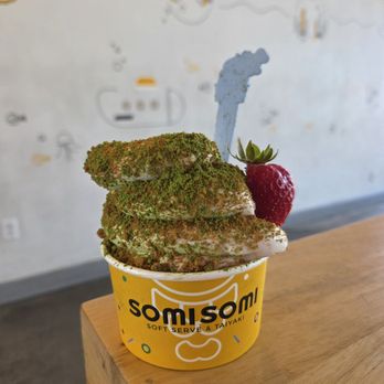 Somisomi - Soft serve in a cup ($4.50): matcha/strawberry swirl with matcha powder, biscoff crumble, and strawberry garnish - Ice Cream & Frozen Yogurt Near Me - Las Vegas, Nevada Somisomi - Soft serve in a cup ($4.50): matcha/strawberry swirl with matcha powder, biscoff crumble, and strawberry garnish - Ice Cream & Frozen Yogurt Near Me - Las Vegas, Nevada