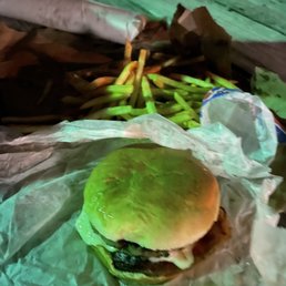 Bacon cheese burger and fries Bacon cheese burger and fries