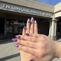 Purple cat eye with chrome almond style