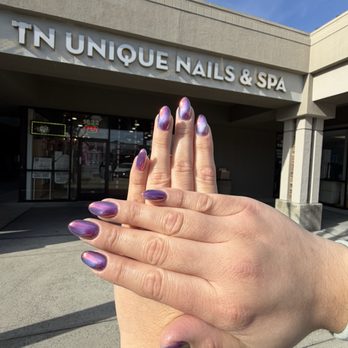 TN Unique Nails & Spa - Purple cat eye with chrome almond style - Nail Salons Near Me - Campbell, California