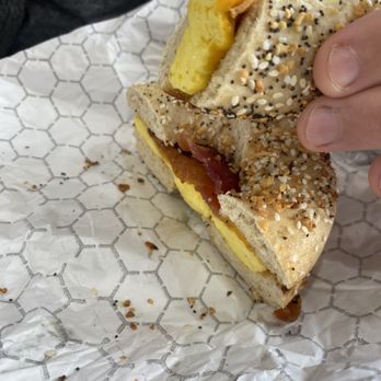 5 Star Bagelry - Cheddar, bacon, egg sandwich on everything bagel - Bagels Near Me - Orange, California 5 Star Bagelry - Cheddar, bacon, egg sandwich on everything bagel - Bagels Near Me - Orange, California
