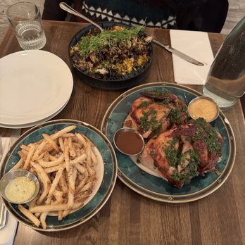 Rooted Rotisserie - Parmesan truffle frites, whole chicken (chicken Demi glace and harissa + lemon aioli), & smoked mushroom bowl - French Near Me - Baltimore, Maryland
