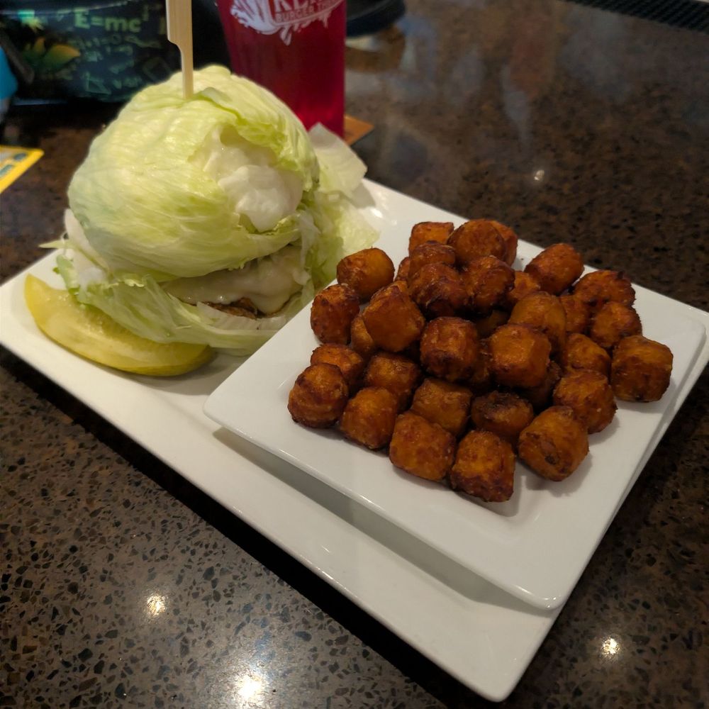 Rehab Burger Therapy - Grilled chicken sandwich with lettuce and sweet potato tots - Burgers Near Me - Scottsdale, Arizona Rehab Burger Therapy - Grilled chicken sandwich with lettuce and sweet potato tots - Burgers Near Me - Scottsdale, Arizona