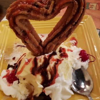La Dilla Mexican Grill - Heart shaped churro and icecream with chocolate and strawberry syrup. - Mexican Near Me - Cedar Lake, Indiana La Dilla Mexican Grill - Heart shaped churro and icecream with chocolate and strawberry syrup. - Mexican Near Me - Cedar Lake, Indiana