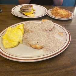 Biscuits and Sausage gravy, and Breakfast Sandwich with Hash Browns