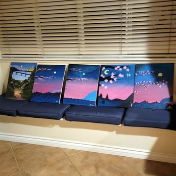 Purple Easel - Microcosm Blossom paintings waiting to be shipped. The painting on the far left was purchased at The Purple Easle. - Paint & Sip Near Me - Ontario, California Purple Easel - Microcosm Blossom paintings waiting to be shipped. The painting on the far left was purchased at The Purple Easle. - Paint & Sip Near Me - Ontario, California