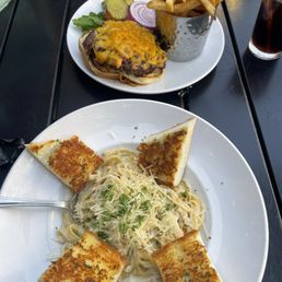 Fettuccine Alfredo and Cheeseburger