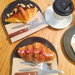 Chocolate peanut butter croissant and ispahan (twice baked croissant, lychee, rose, almond and raspberry)