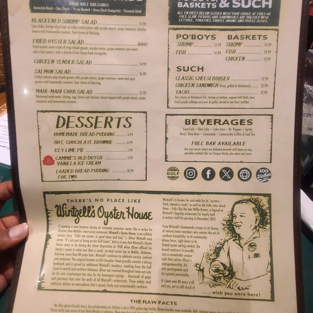 Wintzell's Oyster House - The menu - Seafood Near Me - Mobile, Alabama Wintzell's Oyster House - The menu - Seafood Near Me - Mobile, Alabama