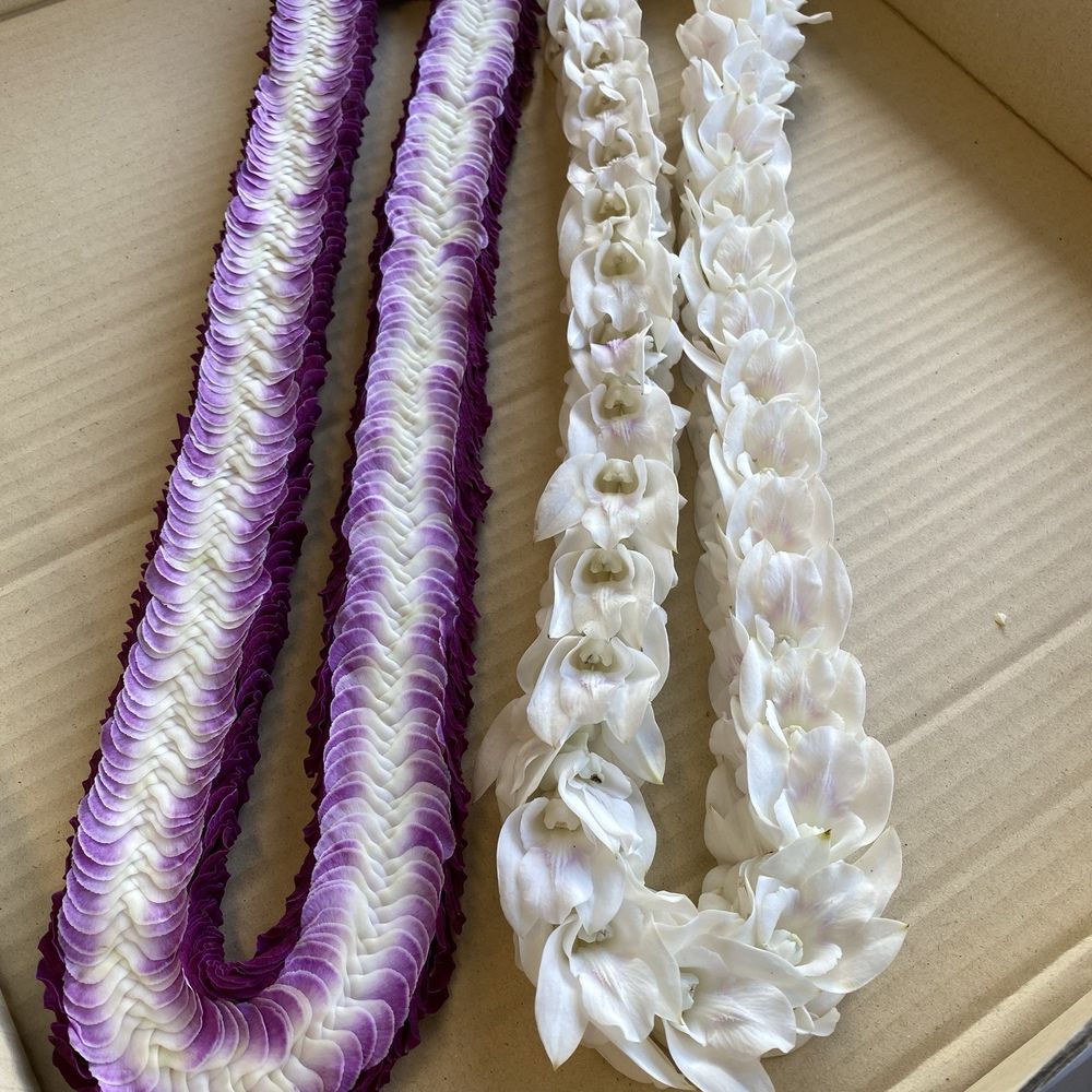 Paradise Leis - A rare find - an all white lei and a lei made only of pedals - Florists Near Me - Honolulu, Hawaii Paradise Leis - A rare find - an all white lei and a lei made only of pedals - Florists Near Me - Honolulu, Hawaii