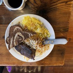Old Saloon - Flank steak eggs, hash browns with toast and coffee.
