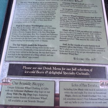 Schooner Wharf Bar - Front of the menu - Seafood Near Me - Key West, Florida Schooner Wharf Bar - Front of the menu - Seafood Near Me - Key West, Florida