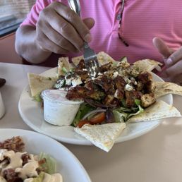 Souvlaki Salad with grilled shrimp! It's the BEST salad!!!