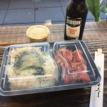 Seattle Fish Guys - Poke bowl with tuna poke, brown and white rice, mac salad, and a Stubborn classic root beer! Delicious! - Seafood Markets Near Me - Seattle, Washington