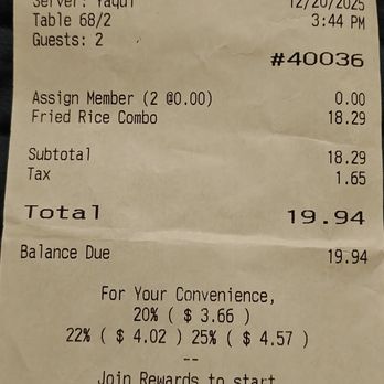 P.F. Chang's - PF Chang's receipt - Chinese Near Me - Indianapolis, Indiana