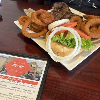 Scottie's Cafe & Grill - Steak Sandwich with Onion Rings - American Near Me - Blythewood, South Carolina Scottie's Cafe & Grill - Steak Sandwich with Onion Rings - American Near Me - Blythewood, South Carolina