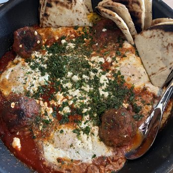 Kosmos - Shakshuka with meatballs and plenty of pita - Greek Near Me - Walpole, Massachusetts