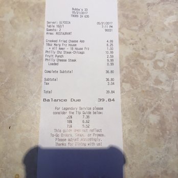 Bubba's 33 - Our tab plus fifteen percent tip for our waitress. She was awesome. - American Near Me - Mesquite, Texas