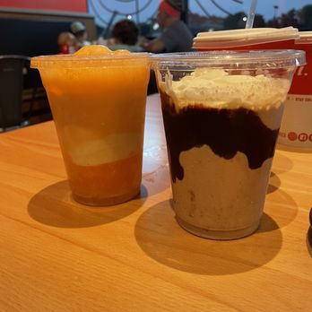 Hi-Pointe Drive-In - orange float on left. S'mores shake on right. $14 total - Sandwiches Near Me - Cottleville, Missouri Hi-Pointe Drive-In - orange float on left. S'mores shake on right. $14 total - Sandwiches Near Me - Cottleville, Missouri