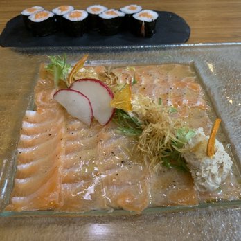 Kata Robata - Yuzu salmon cold dish, salmon roll that came with sushi platter - Sushi Bars Near Me - Houston, Texas Kata Robata - Yuzu salmon cold dish, salmon roll that came with sushi platter - Sushi Bars Near Me - Houston, Texas